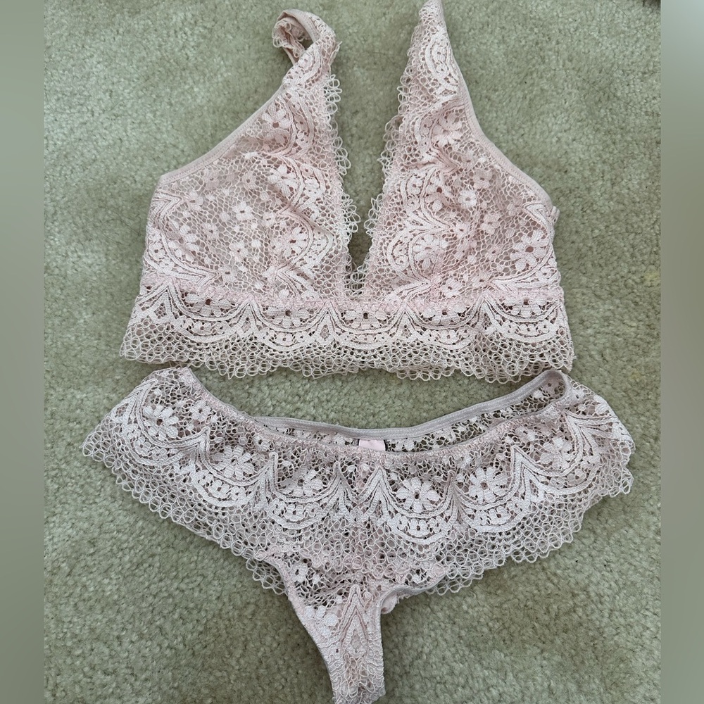 Lace Bralette & Bikini Set - Light Blush